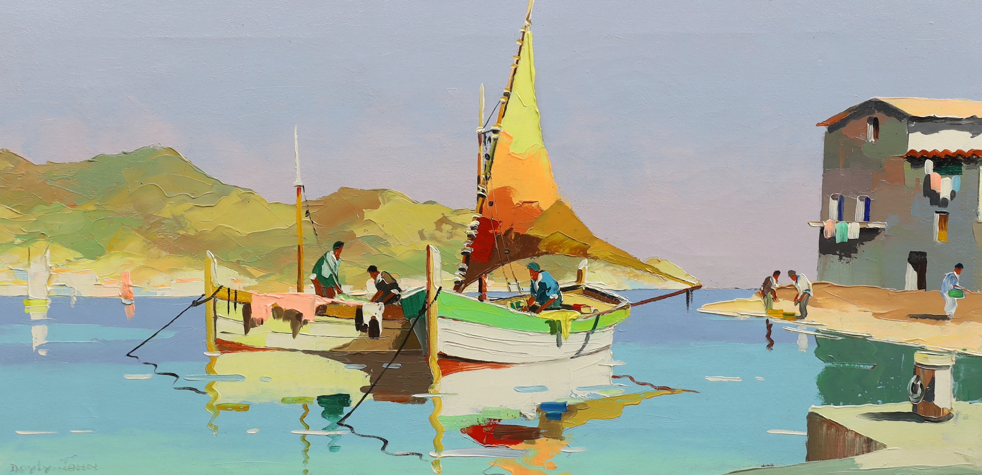 Cecil Rochfort D'Oyly John (English, 1906-1993), 'Fishing boats on a Mediterranean coast', oil on canvas, 34 x 70cm